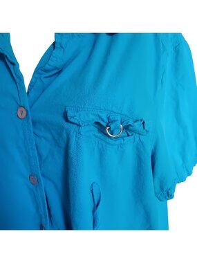 1X Women's Vintage Mom Top Erika Turquoise Button-Down Cotton 1990's